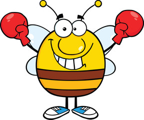 Pudgy Bee Cartoon Mascot Character Wearing Boxing Gloves