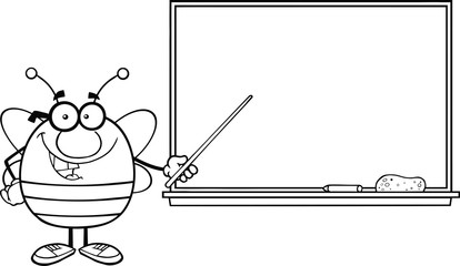 Outlined Bee With Glasses With A Pointer In Front Of Blackboard