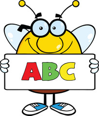 Smiling Pudgy Bee Character Holding A Banner With Text ABC