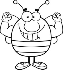 Black And White Pudgy Bee Character Showing Muscle Arms