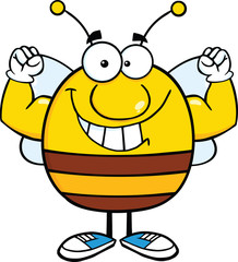 Smiling Pudgy Bee Cartoon Mascot Character Showing Muscle Arms