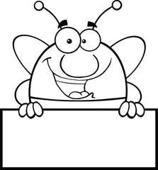 Black And White Pudgy Bee Cartoon Character Over Blank Sign