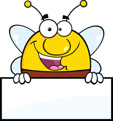 Pudgy Bee Cartoon Mascot Character Over Blank Sign