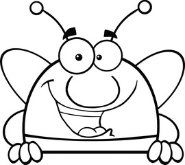 Black And White Pudgy Bee Cartoon Character Over Blank Sign