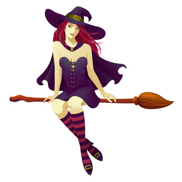 Pin-up witch flying her on broom