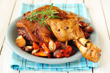 Pork Shank Roasted with Vegetables, selective focus