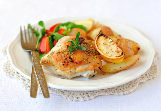 Lemon Roast Chicken with Potatoes and Salad