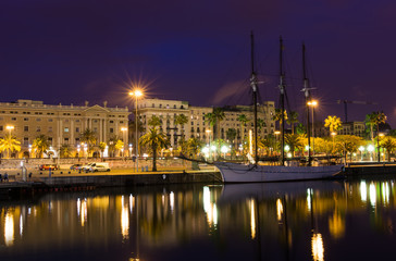 Night view of embankment in the port of Barcelona. Spain