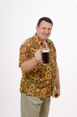 Fat man standing with a pint of dark beer