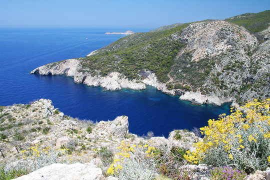 Deep blue sea bay with springtime flowers in Zakynthos