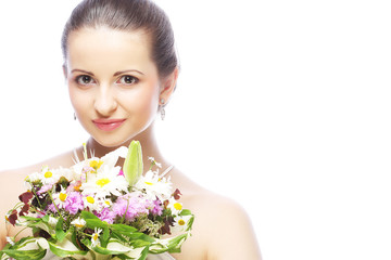 beautiful young woman with bouquet flowers