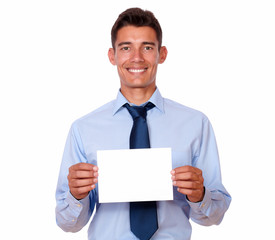 Charming businessman holding a blank card