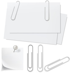 Blanks white paper, pin and clip. Vector illustration