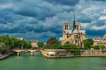 Notre Dame de Paris carhedral exterior riverside