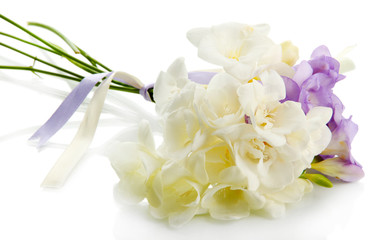 Obraz na płótnie Canvas Beautiful bouquet of freesias, isolated on white