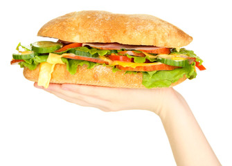 Fresh and tasty sandwich with ham and vegetables in hands