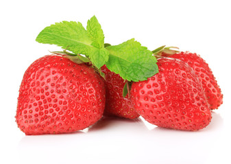 Ripe sweet strawberries and mint, isolated on white