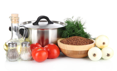 Ingredients for cooking buckwheat isolated on white