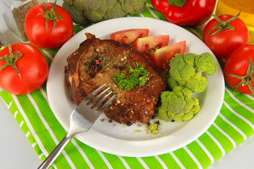 Piece of fried meat on plate close-up
