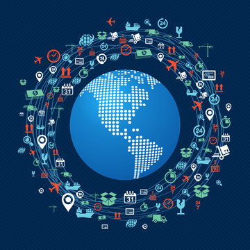 World map America continet colorful shipping network icons compo