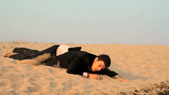 Dirty Tired Exhauseted Man Suit Reaching Water Desert Salvation