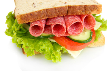 Tasty sandwich with salami sausage and vegetables, isolated