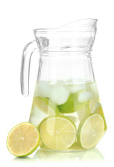 Cold water with lime, lemon and ice in pitcher isolated on