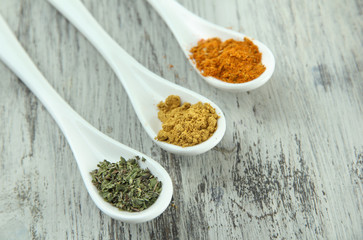 Assortment of spices in  white spoons, on wooden background