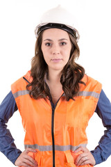 A woman wearing protective equipment