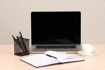 Office workplace with computer, close up