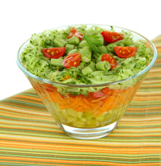 Tasty salad with fresh vegetables, isolated on white