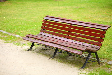 wooden park bench at a park