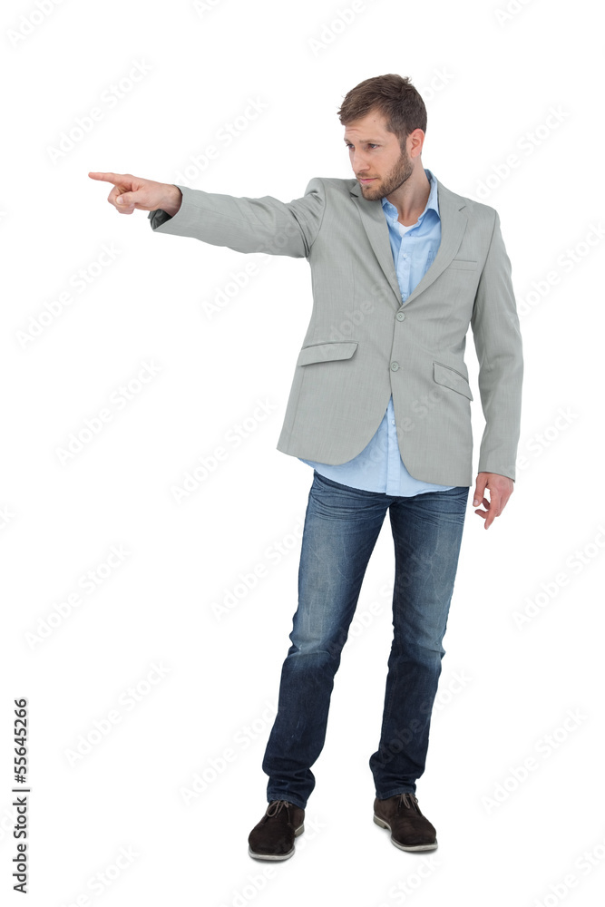 Poster trendy model pointing to something
