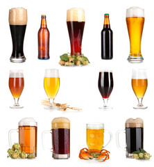 Lots of beer in different containers isolated on white