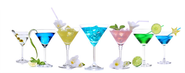 Many different alcoholic cocktails, isolated on white