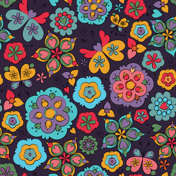Seamless floral cartoon pattern with butterflies