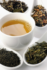 Fototapeta premium Different sorts of green tea and cup