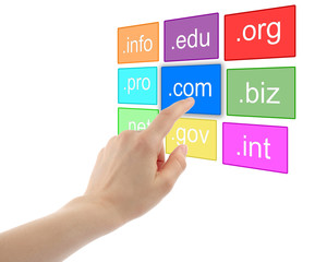 Hand pushing virtual domain name on white background