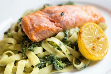 Salmon with pasta and spinach