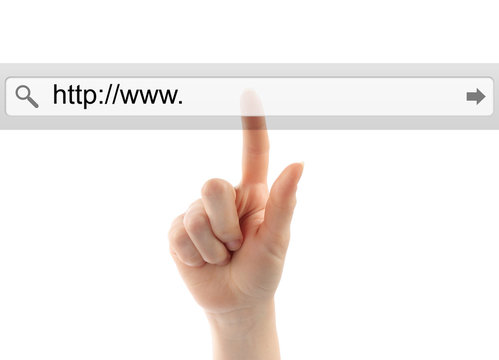 Hand pushing virtual search bar on white background