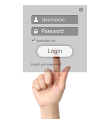 Hand pushing grey login box form ui element on white background.