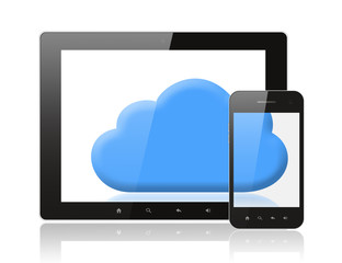 Tablet PC and smart phone with blue cloud on white background