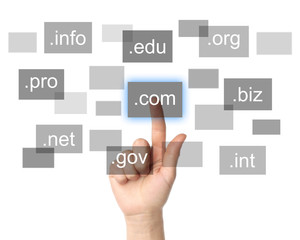 Hand pushing virtual domain name on white background