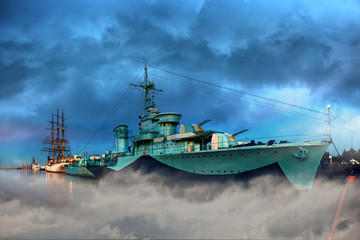 Warship in the port of dramatic scenery. © Nightman1965