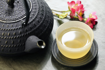 Japanese teapot and cup of green tea