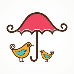 Couple of cute vector birds under pink umbrella stock vector