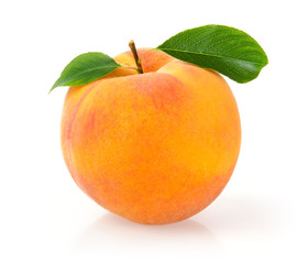 Fototapeta na wymiar Single Peach with Leaf Isolated on White Background