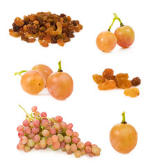 set of raisins and grapes over white