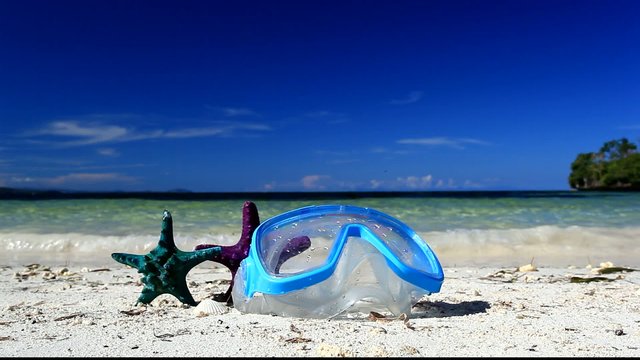 Swimming mask and starfishes on caribbean beach