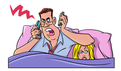 Workaholic man with woman in bed